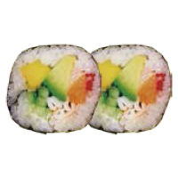 Salmón, Aguacate,Huevos de pescado,Mango, Pepino,Cangrejo y Mayonesa